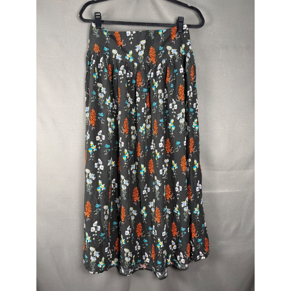 Natural Life Maxi Skirt Womens Large Black Floral Smocked Back Side Slit Boho